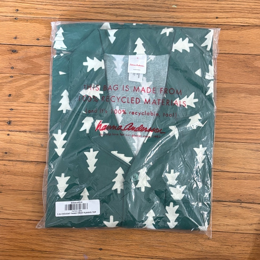 *Hanna Andersson Forest Green Flannel Pajama Top with Cream Trees* UNISEX